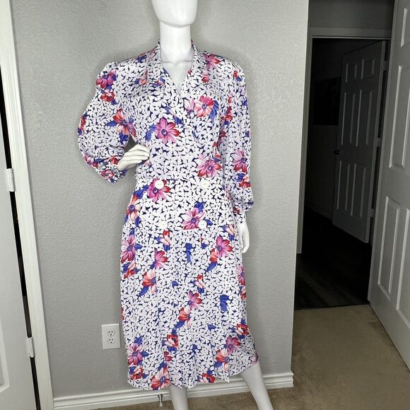 Cheminee New York Size M Vintage 70s Floral Bishop Sleeve Pleated Midi Dress - Picture 6 of 11